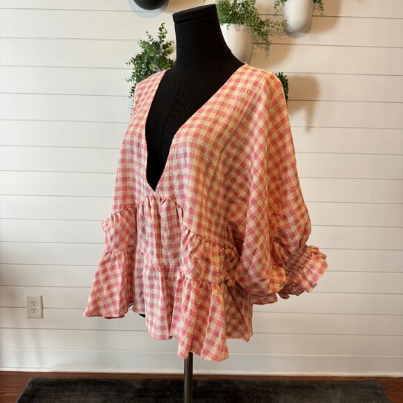 ASOS V neck White & Pink checkered blouse 10 - Picture 2 of 4